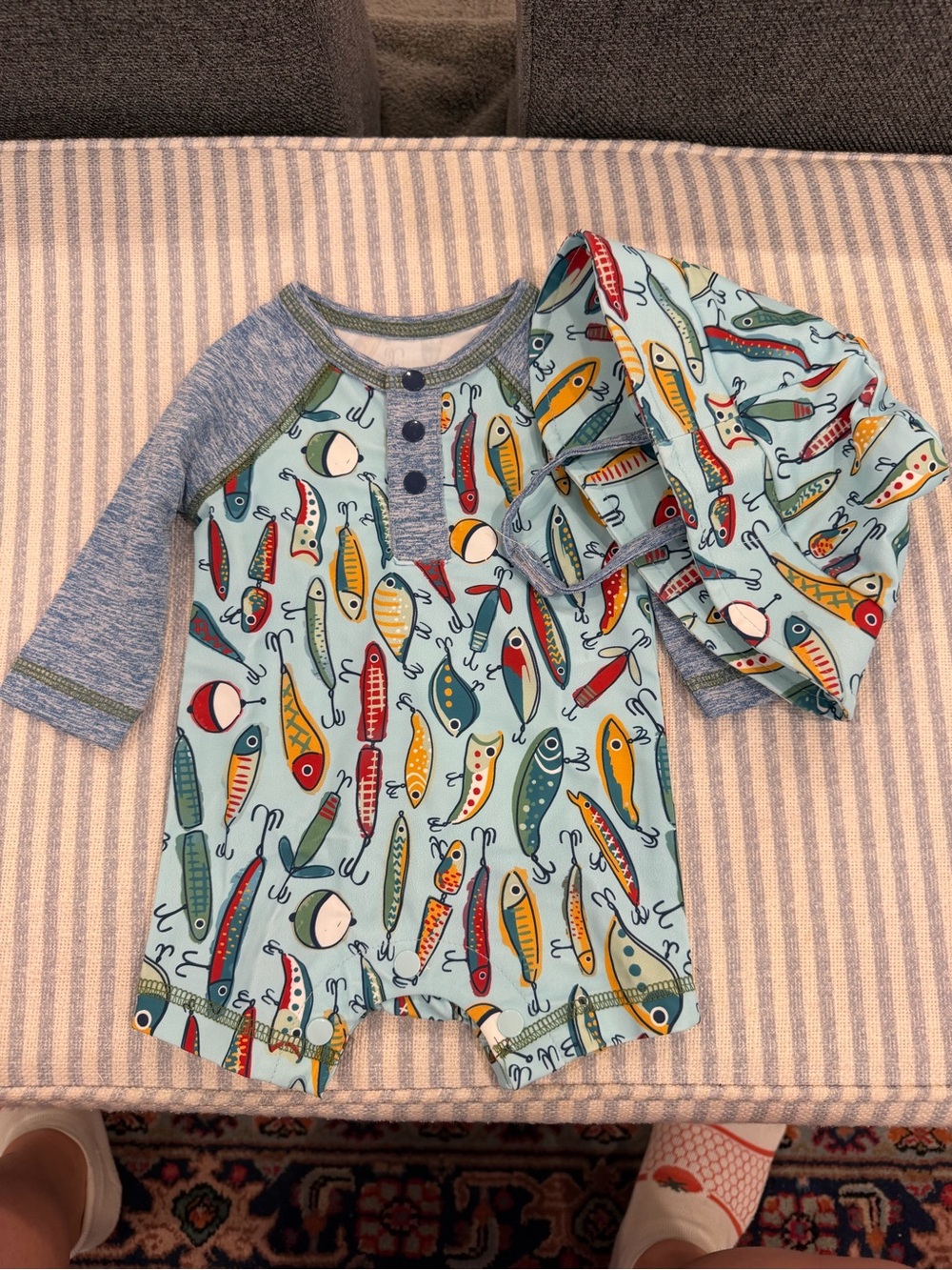 Mud Pie Baby Swimsuit & Hat in Fishing Lure Print, Size 0-3m
